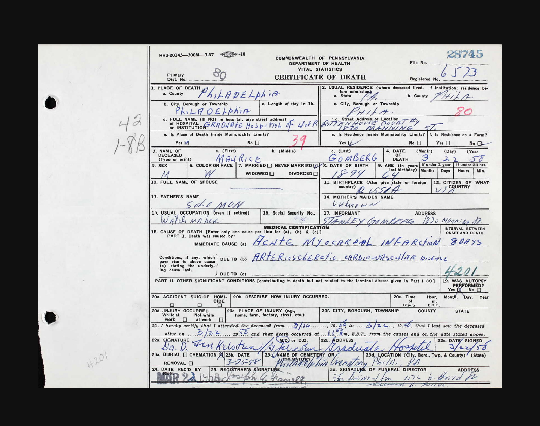 Maurice Gomberg's Death Certificate